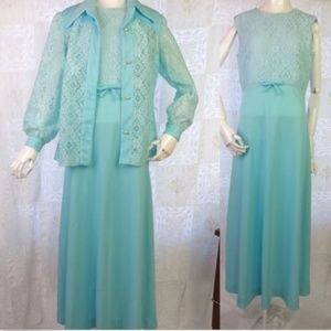 Vintage Aqua Maxi Dress Hostess Gown & Jacket M L